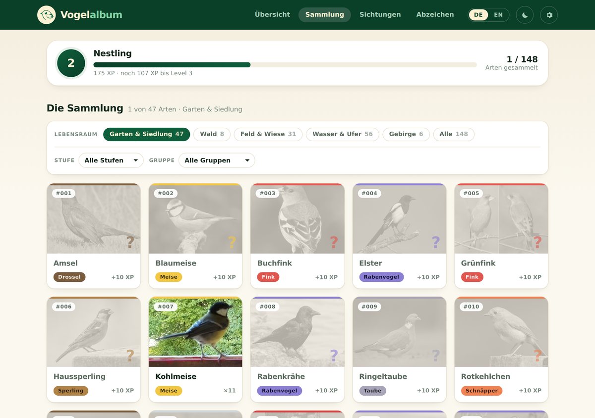 Das Vogelalbum im Browser: gefundene Arten in Farbe, fehlende als graue Schatten.