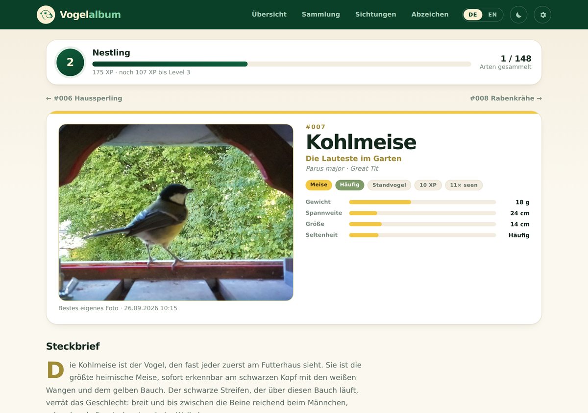 Jede Art hat eine eigene Seite, mit Steckbrief und Jahreszeit.